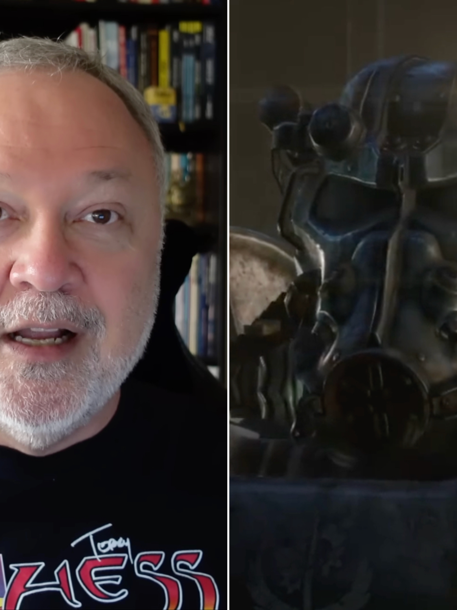 A composite image of Tim Cain and a screenshot from the Fallout 4 launch trailer