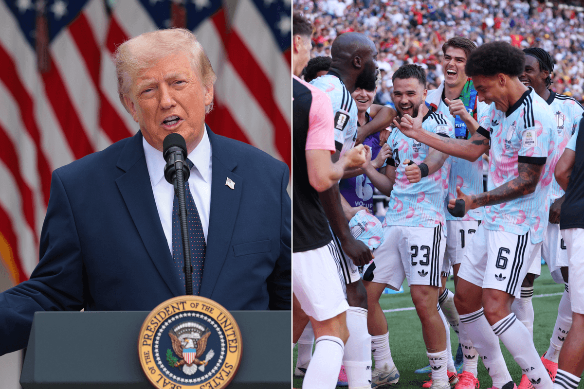 A composite image of US president Donald Trump and Belgium celebrating their fourth goal in a 4-1 win over USA at the 2026 FIFA World Cup