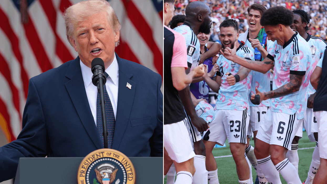A composite image of US president Donald Trump and Belgium celebrating their fourth goal in a 4-1 win over USA at the 2026 FIFA World Cup