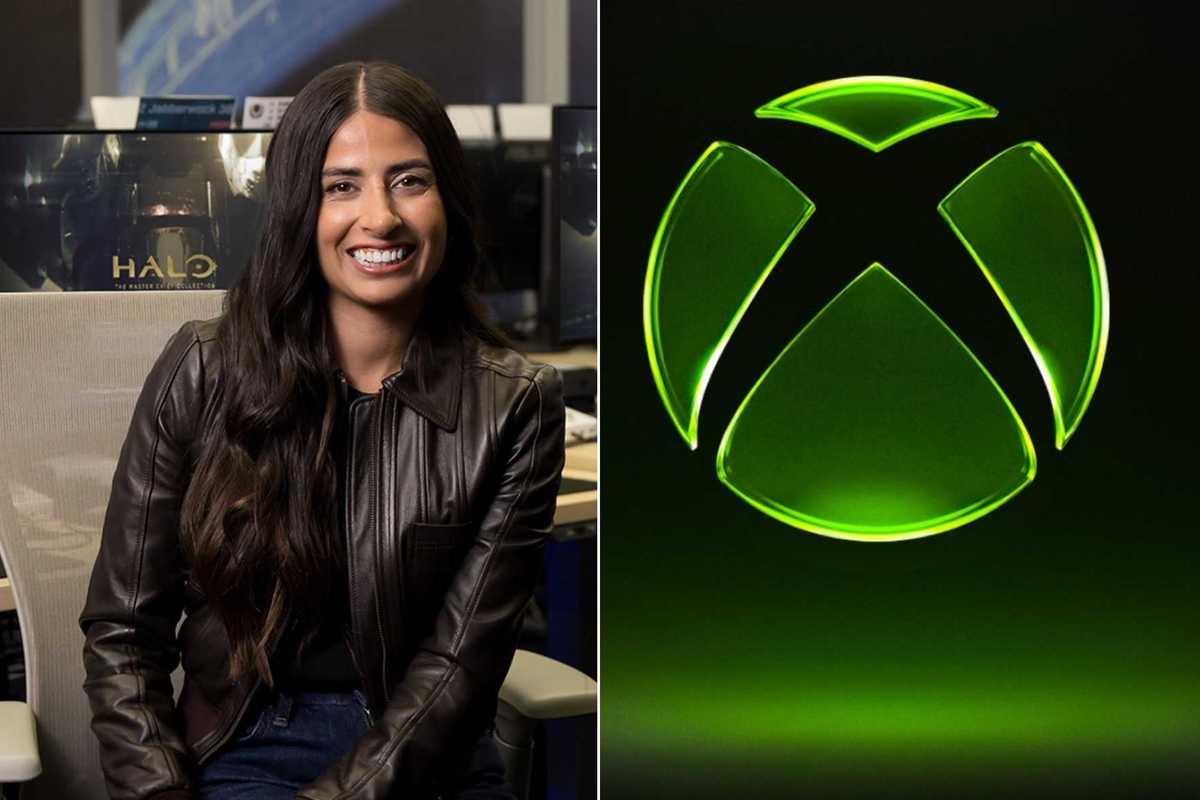 A composite image of XBOX CEO Asha Sharma and the XBOX logo