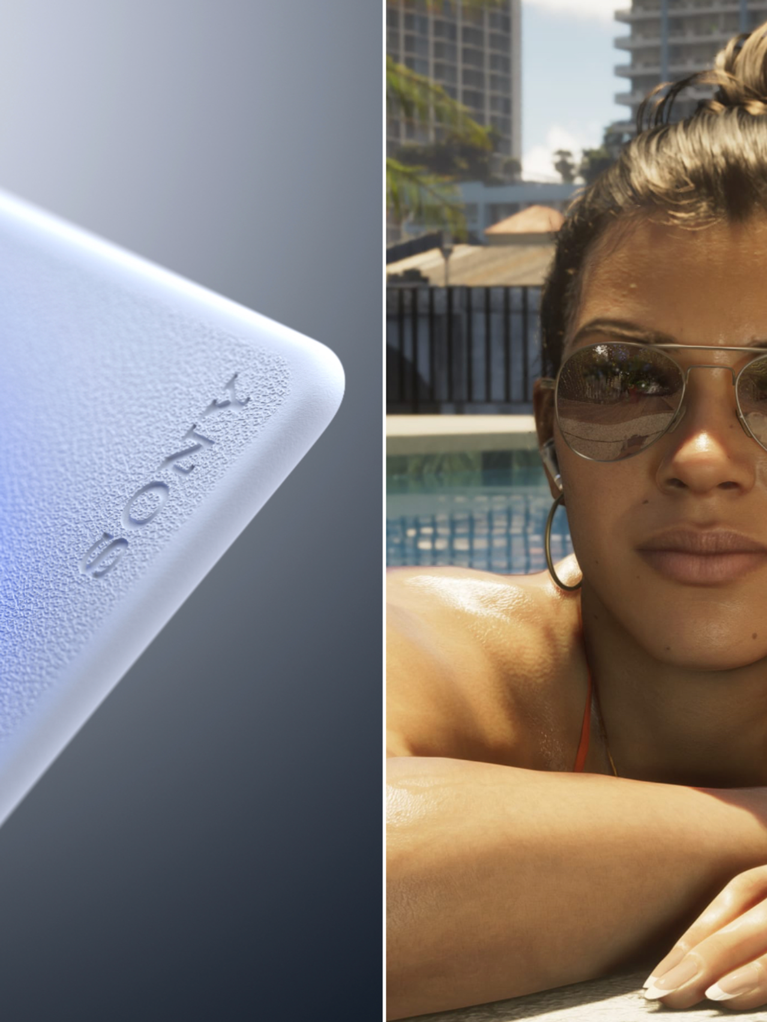 A composite product image of the PS5 and official screenshot of Lucia from GTA 6