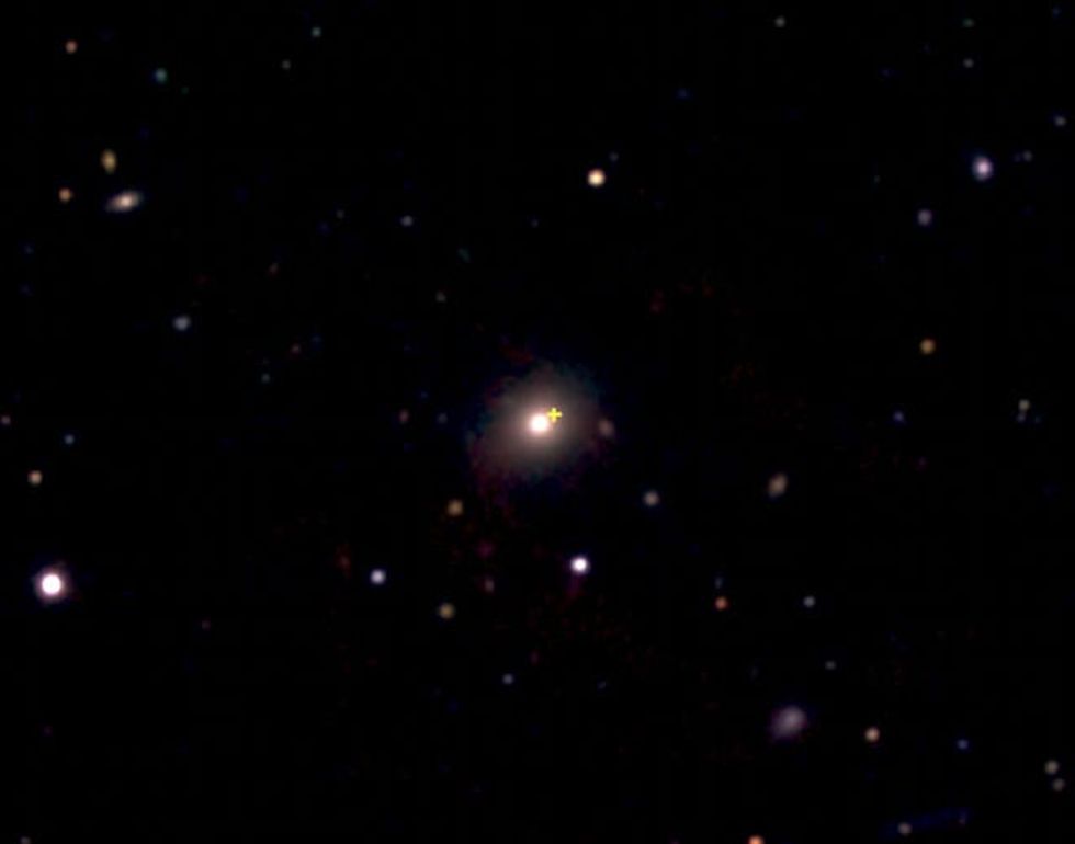 A distant red galaxy, centre, where a cosmic explosion occurred
