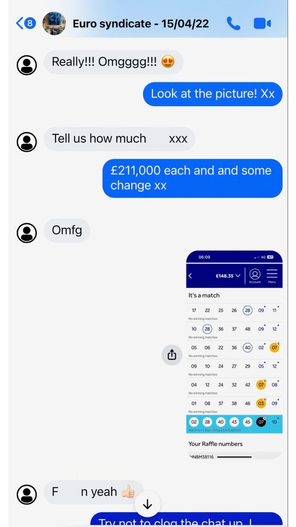 A Facebook group chat between the winning members of the West Is Best lottery syndicate