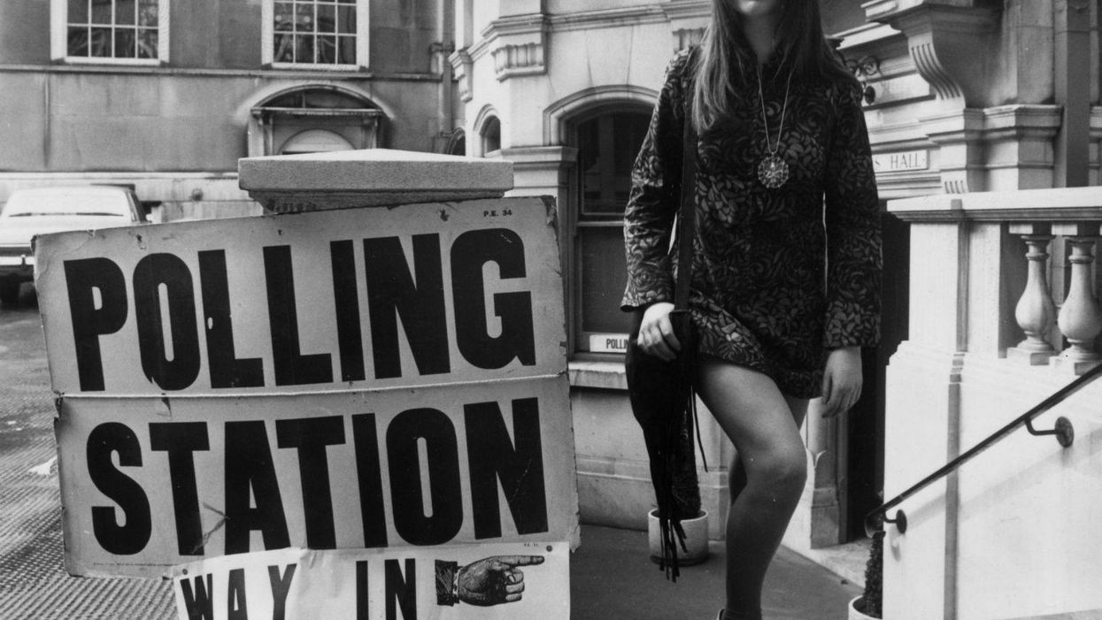 A first-time voter arrives at the polling station in 1970