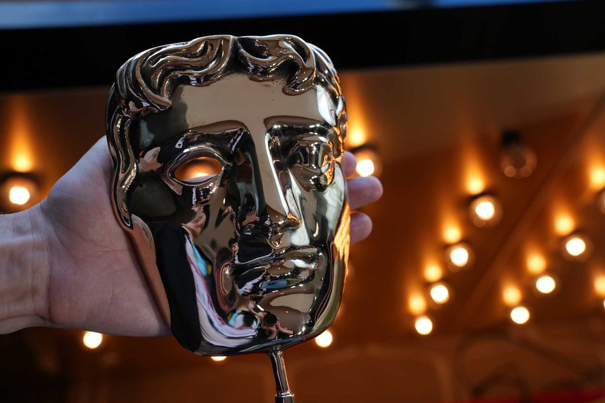 A general view of the BAFTA award trophy ahead of the EE BAFTA Film Awards 2023 at The Royal Festival Hall on February 19, 2023 in London, England
