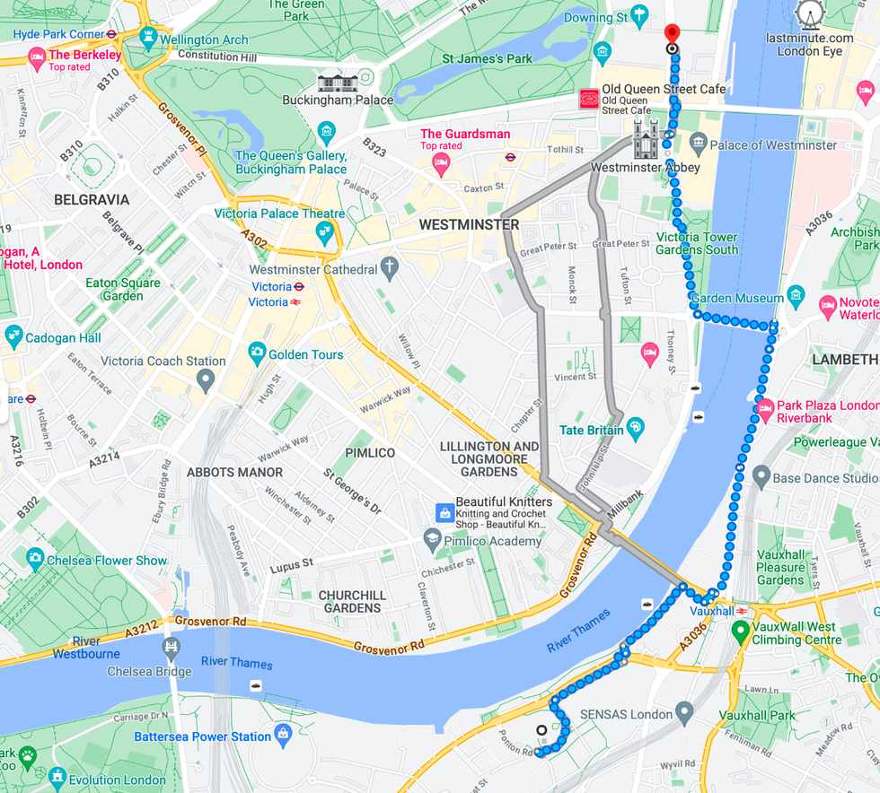 A Google Maps screenshot showing the distance between the Cenotaph and US Embassy.