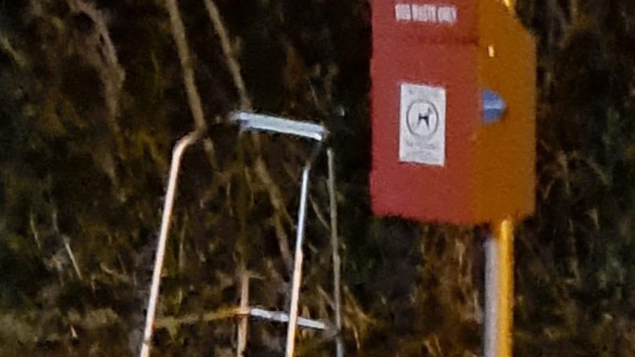 A grainy picture of a metal walking frame in a field next to a red dog poo bin.