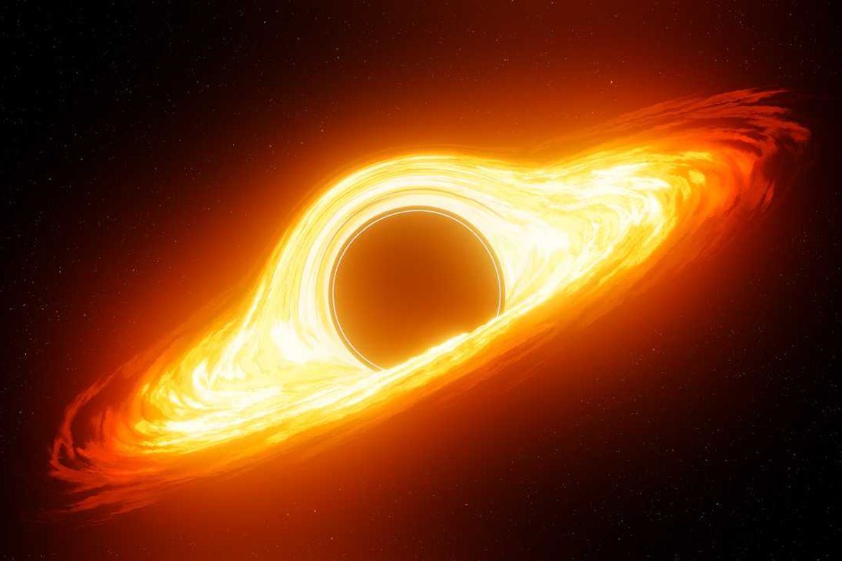 A graphic of a black hole with glowing orange plasma surrounding it.