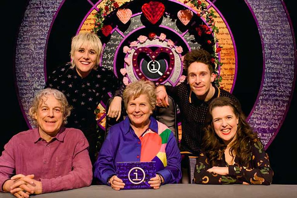 A group photo on the QI set. From top left, clockwise: Maisie Adam, Larry Dean, Rosie Jones, Sandi Toksvig and Alan Davies.