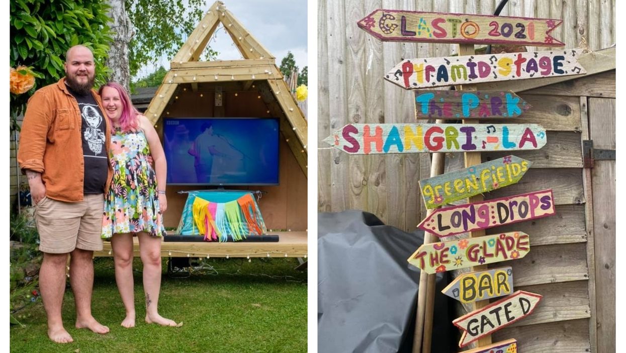 A homemade Pyramid Stage and Glastonbury signpost