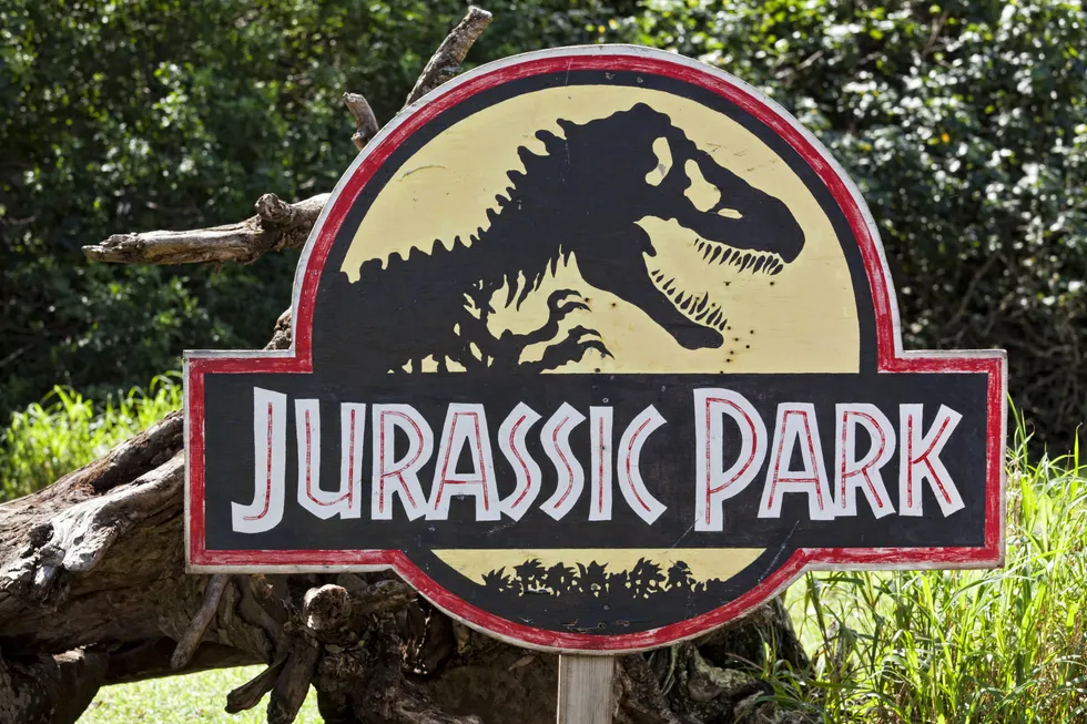 A Jurassic Park sign in Hawaii where the movie was staged and filmed