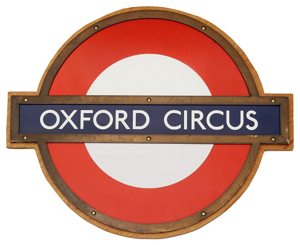 A London Underground Oxford Circus enamel \u2018bullseye\u2019 roundel sign is tipped to sell for between \u00a31,000 and \u00a31,500 (Catherine Southon Auctioneers & Valuers/PA)