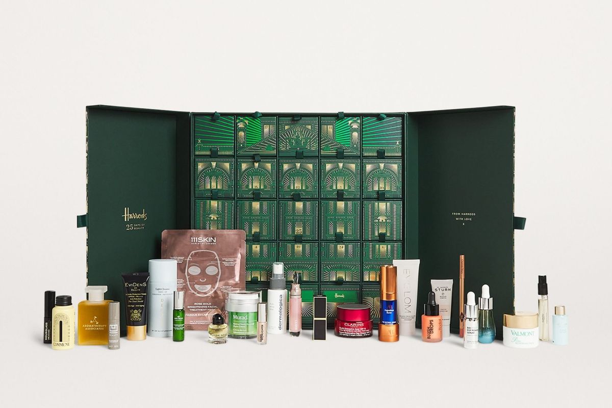 A look inside Harrods' green and gold beauty advent calendar, including a 111SKIN face mask, Dermalogica skincare, and Charlotte Tilbury lip liner