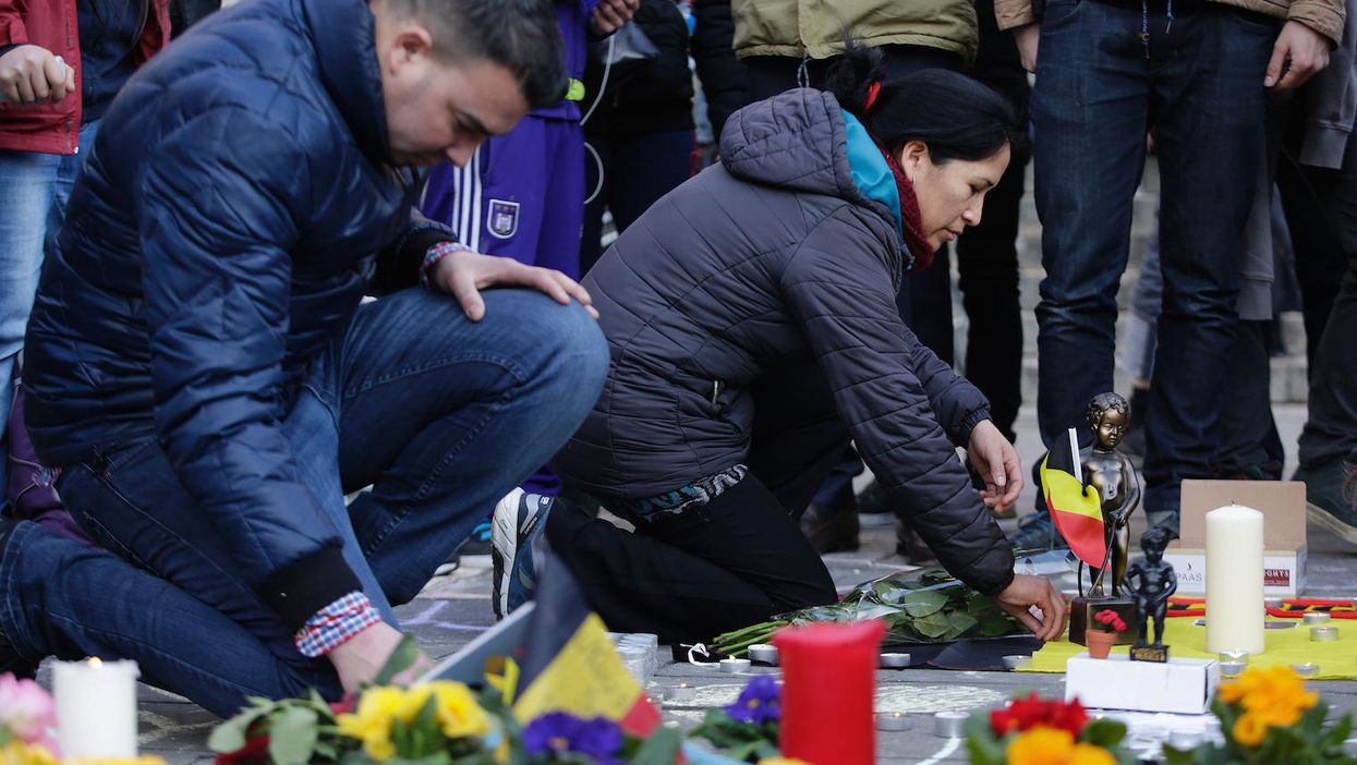 A makeshift memorial following attacks in Brussels, 22 March 2016