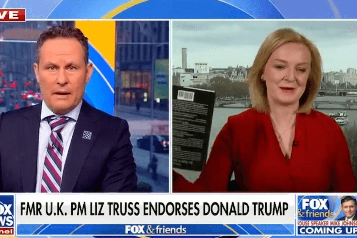 A male Fox News presenter and Liz Truss talking on Fox and Friends. Chyron at the bottom reads: 'Fmr UK PM Liz Truss endorses Donald Trump'.