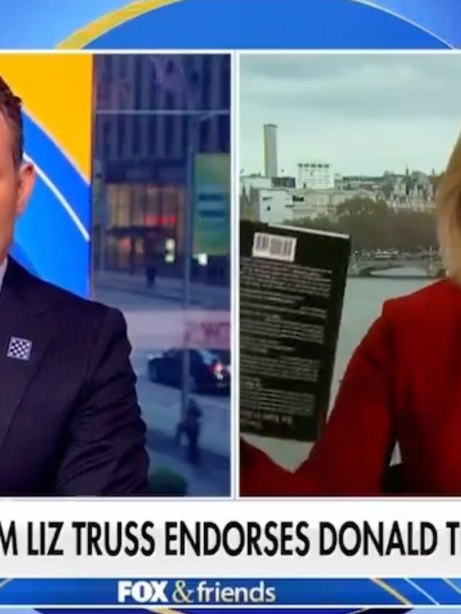 A male Fox News presenter and Liz Truss talking on Fox and Friends. Chyron at the bottom reads: 'Fmr UK PM Liz Truss endorses Donald Trump'.