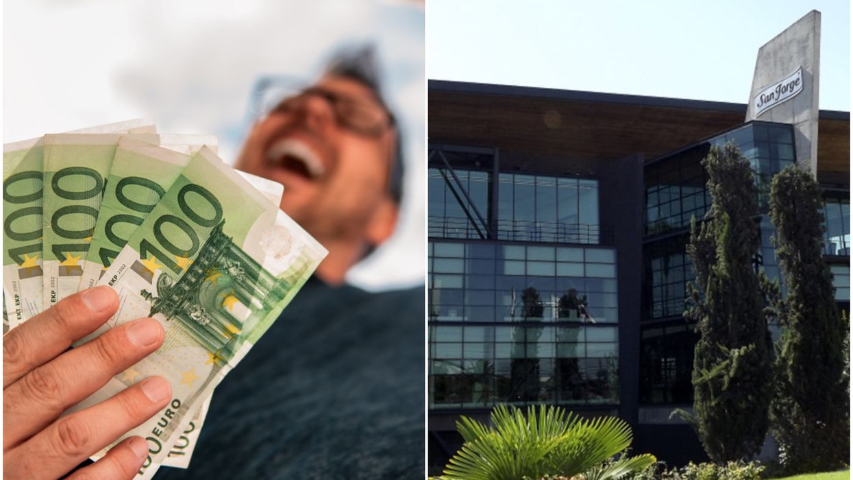 A man clutching bank notes; the headquarters of Consorcio Industrial de Alimentos (CIAL) in Chile