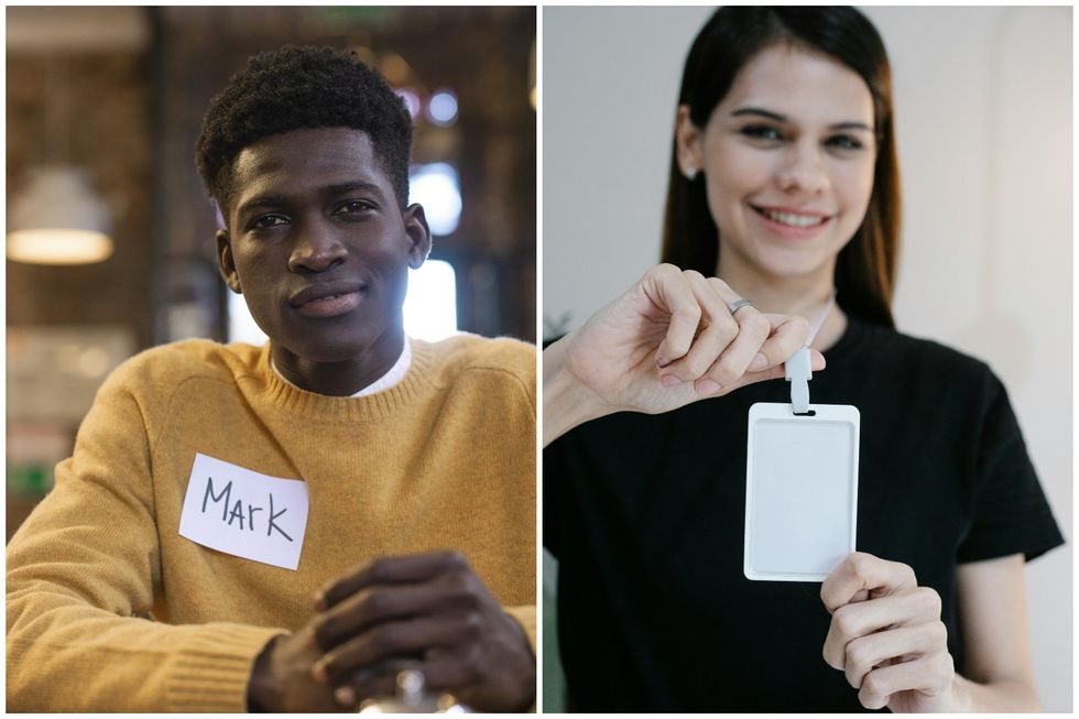 A man wearing a name tag (left) and a woman showing a blank name badge (right)