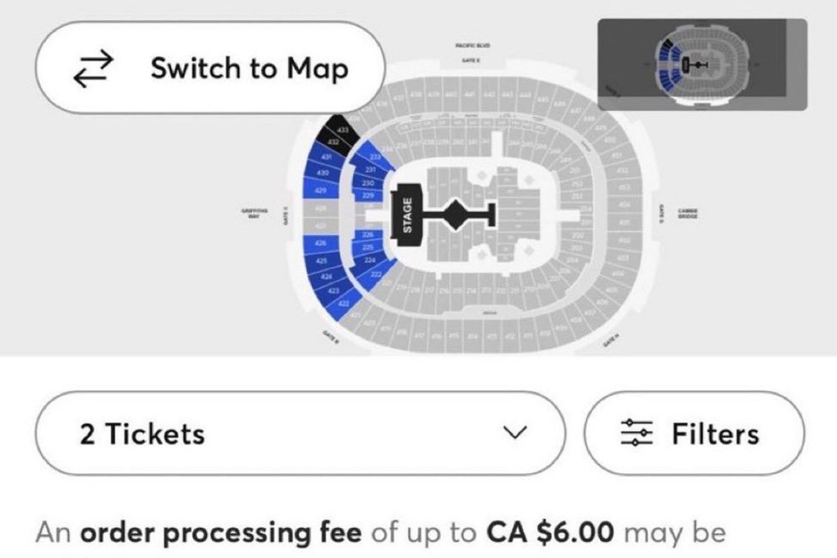 A map of the BC stadium for the Eras Tour as seen on Ticketmaster's website