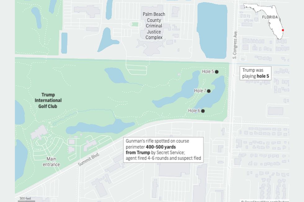 A map showing Trump's location on the golf course and where the gunman's rifle was spotted