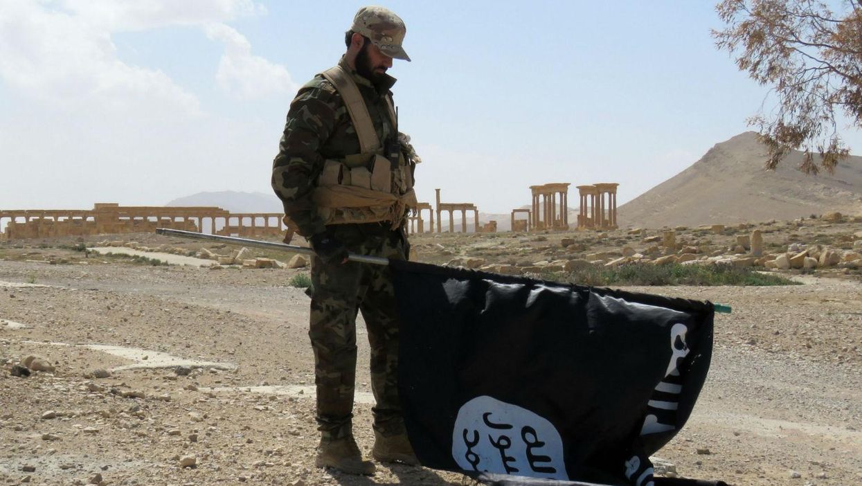 A member of the Syrian pro-government forces carries an Isis flag in Palmyra on 27 March 2016