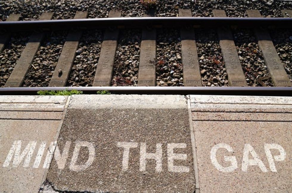 A 'mind the gap\u2019 sign at Great Malvern railway station in Worcestershire