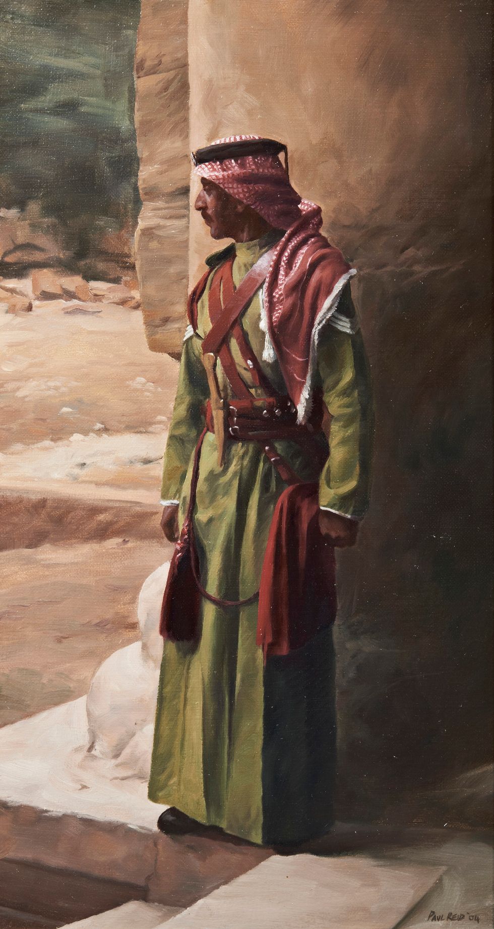 A painting by Paul Reid of a man at Petra in Jordan made during Charles's visit to the country