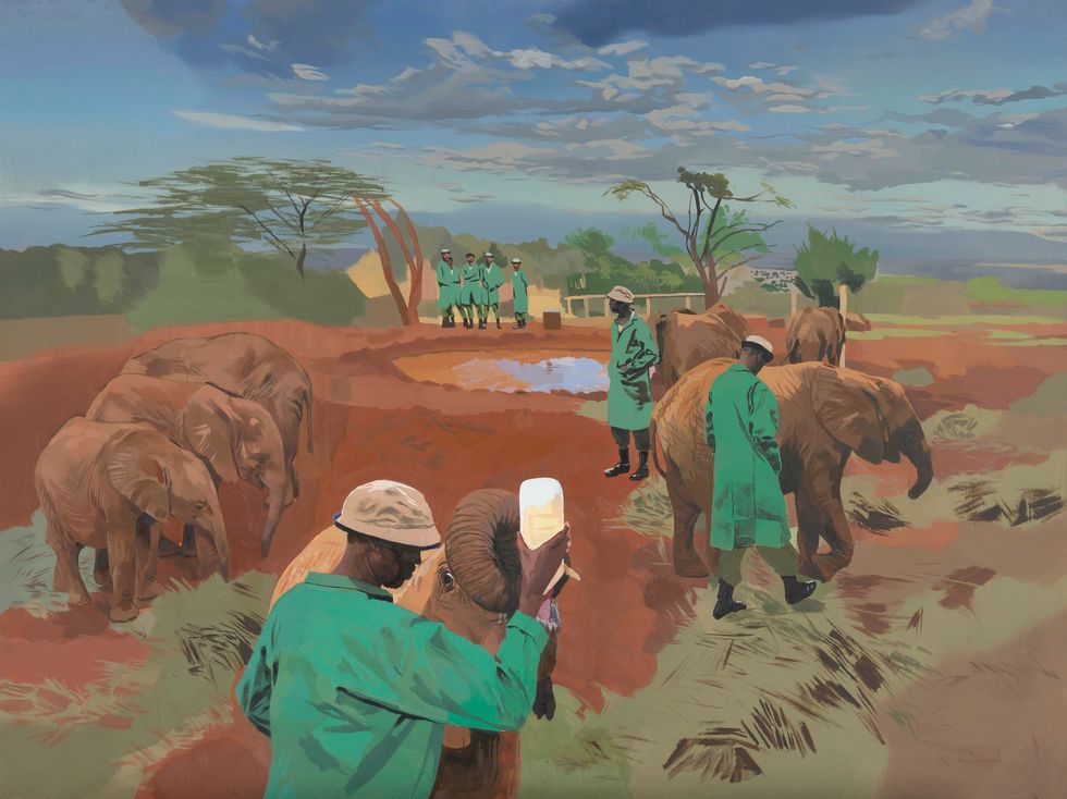 A painting by Philip Butah based on Charles and Camilla's visit to Nairobi National Park to see the elephants and rhinos