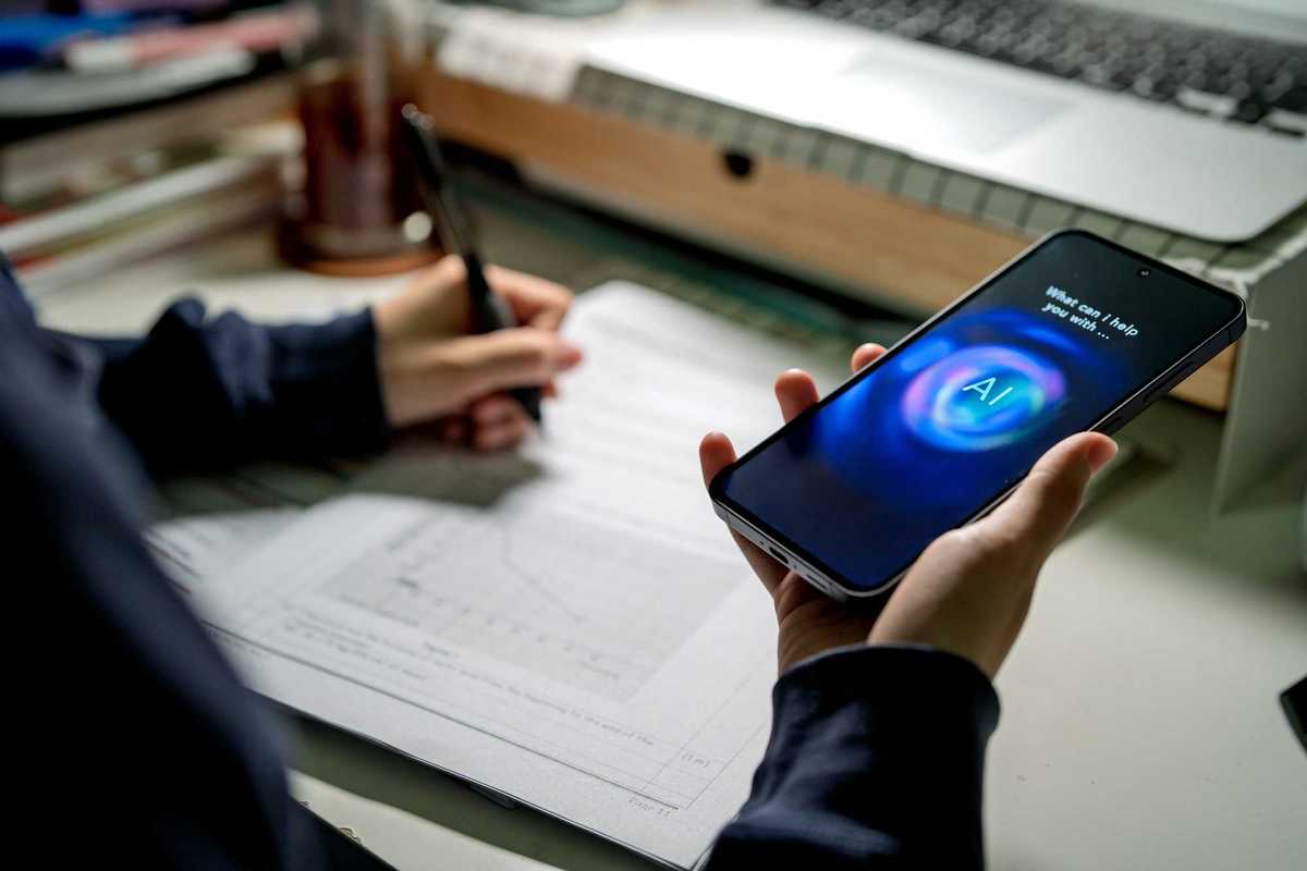 A person holds a phone displaying an AI chatbot in their right hand, while taking notes at a desk and writing with their left hand.