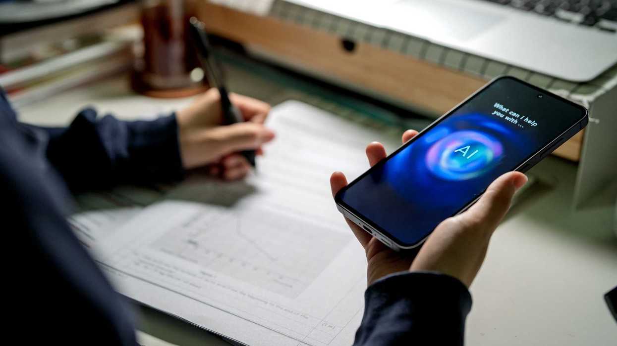 A person holds a phone displaying an AI chatbot in their right hand, while taking notes at a desk and writing with their left hand.