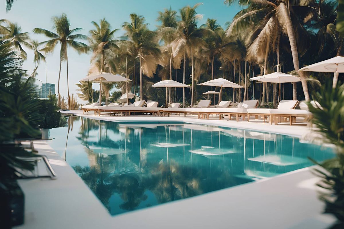 A pool and sunbeds sheltered by palm trees