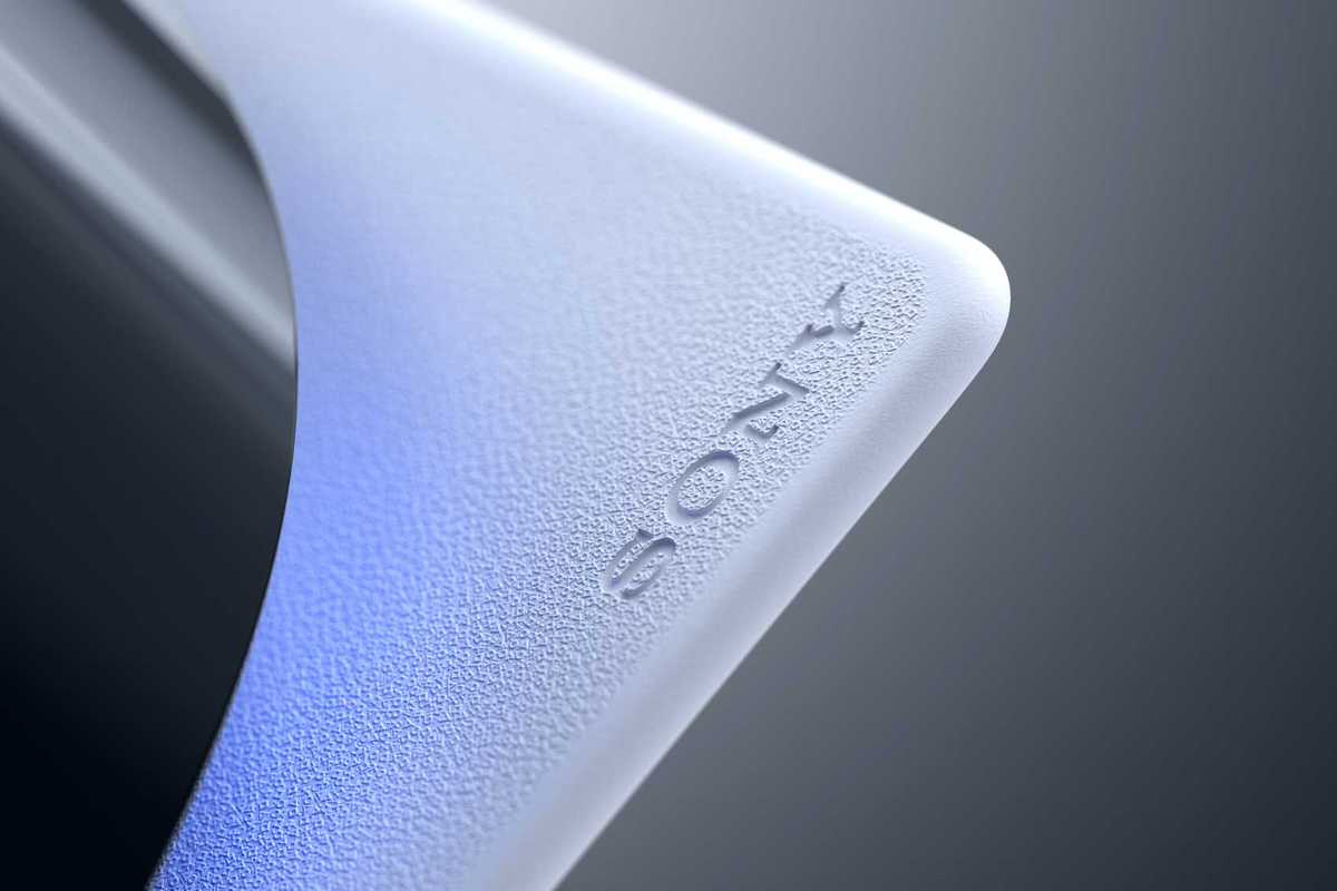 A product image of the base PS5 console showing the Sony logo up close