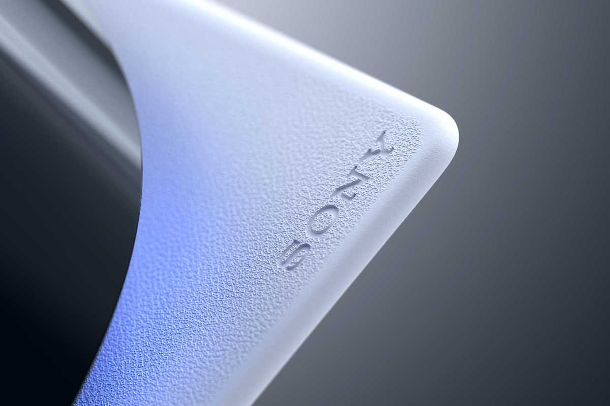 A product image of the PS5 console with a close-up on the Sony logo