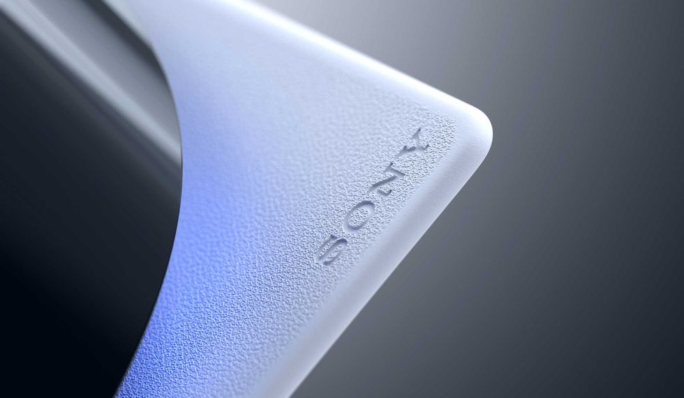 A product image of the PS5 console with a close-up on the Sony logo