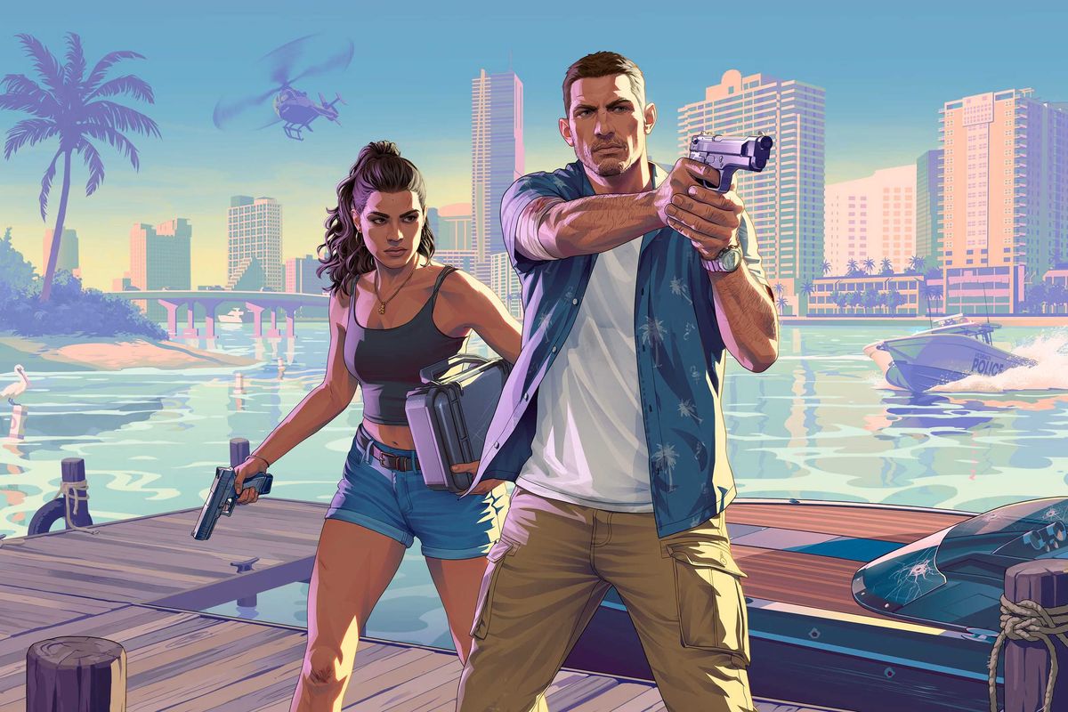 A promotional image from the upcoming Rockstar Games release Grand Theft Auto 6 showing a female and a male protagonist