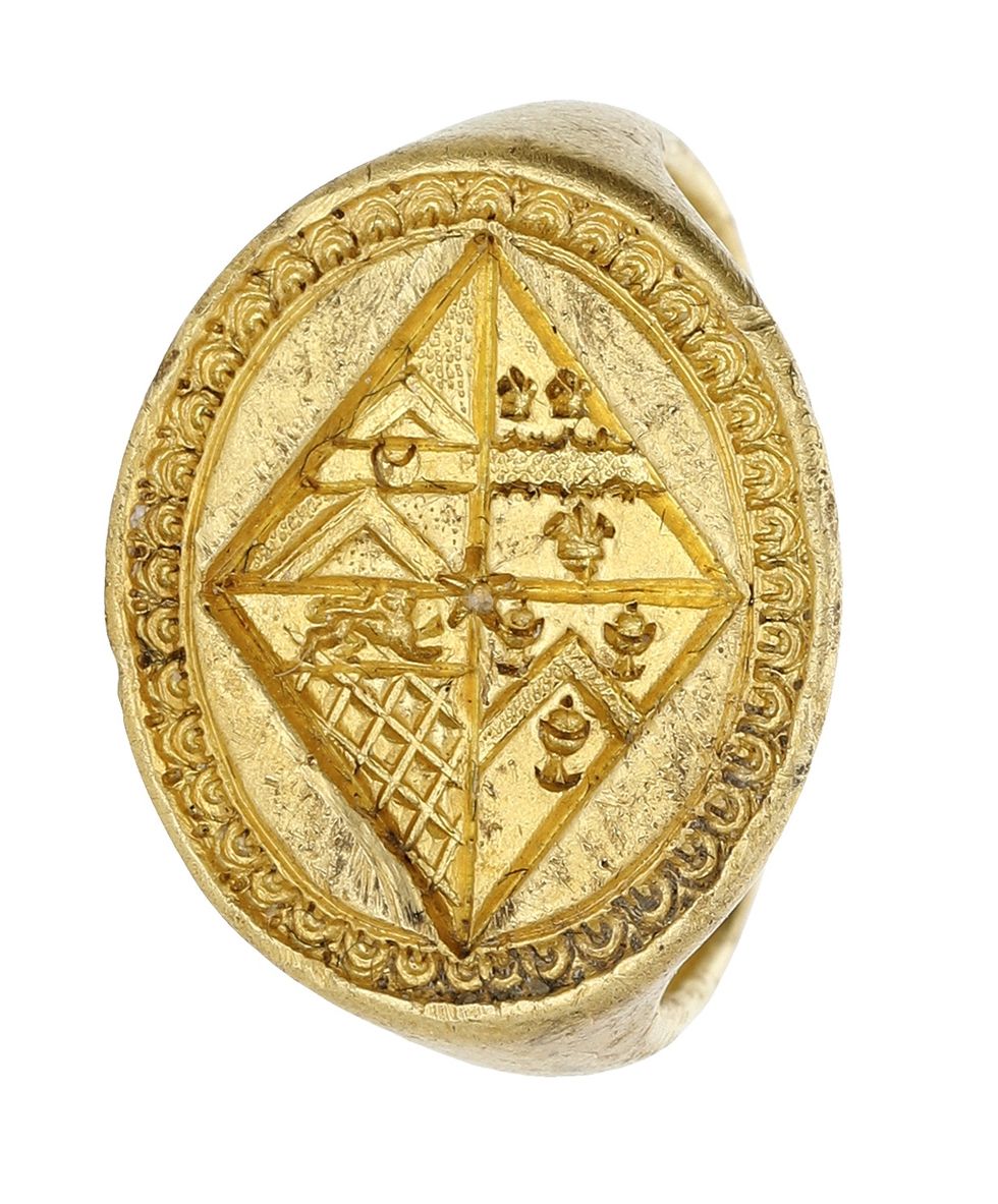 A ring that was found by a metal detectorist in a field in Roydon near Diss in Norfolk is to be sold at auction with an estimate of \u00a314,000 to \u00a316,000. (Noonans/ PA)