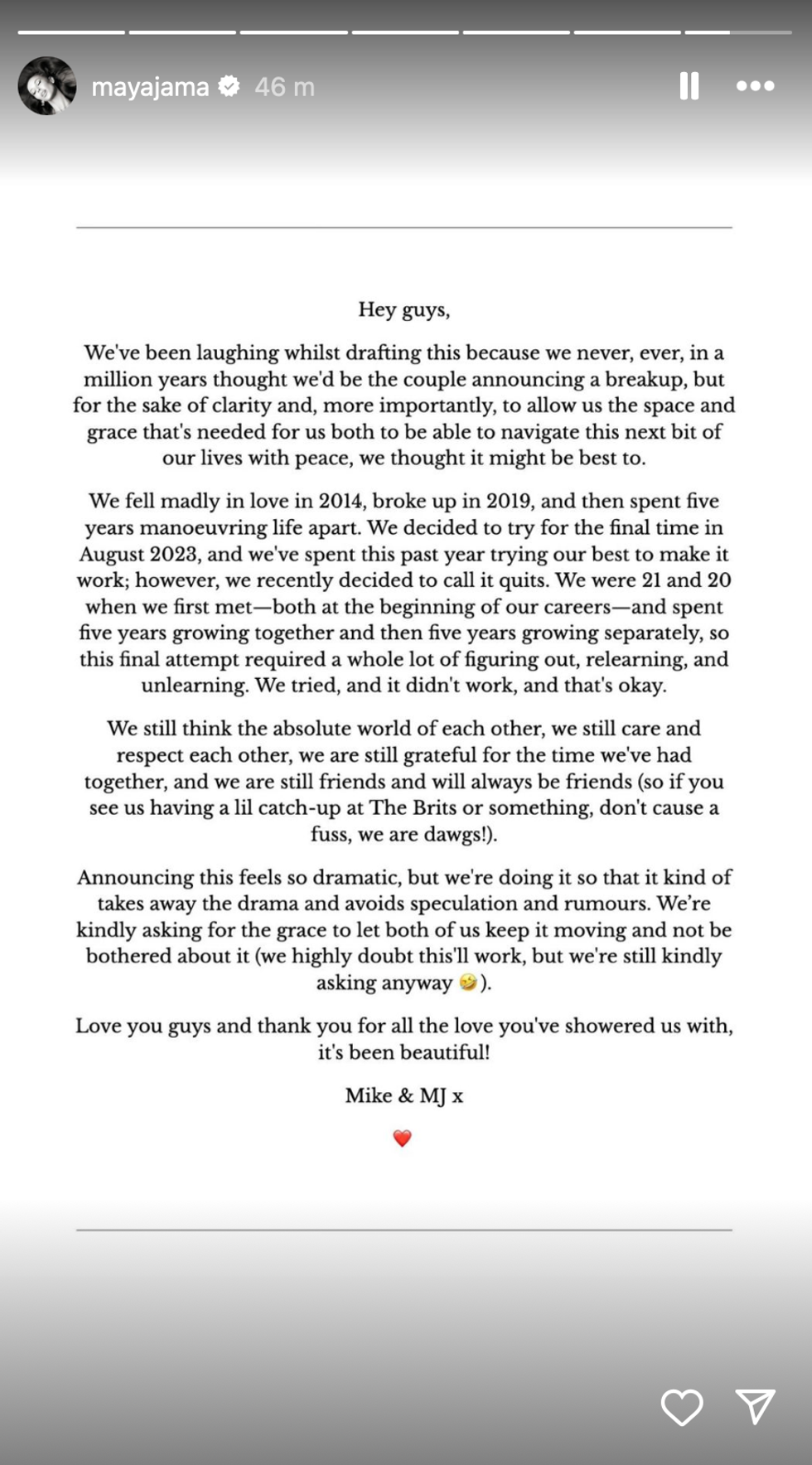 A screenshot from Maya Jama's Instagram story of the statement posted by herself and Stormzy confirming their breakup