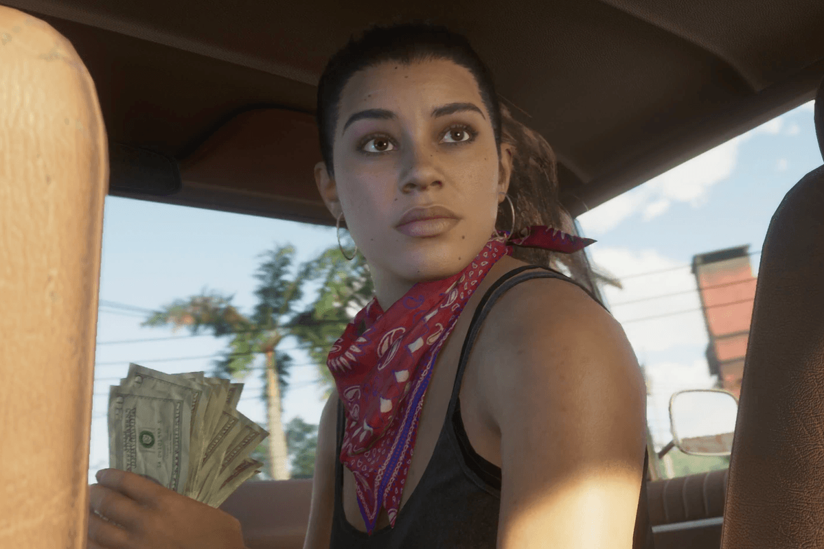 A screenshot from the GTA 6 trailer of Lucia holding cash