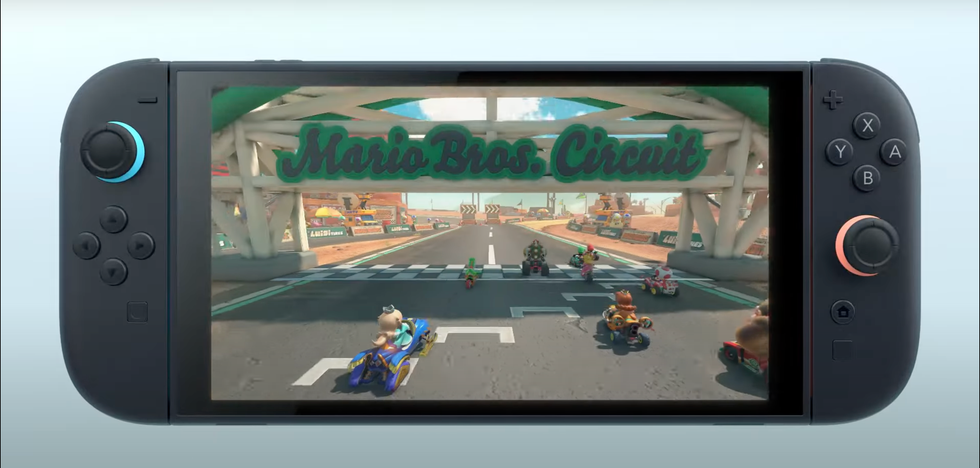 A screenshot from the Nintendo Switch 2 reveal trailer showing a Mario Kart track called Mario Bros Circuit