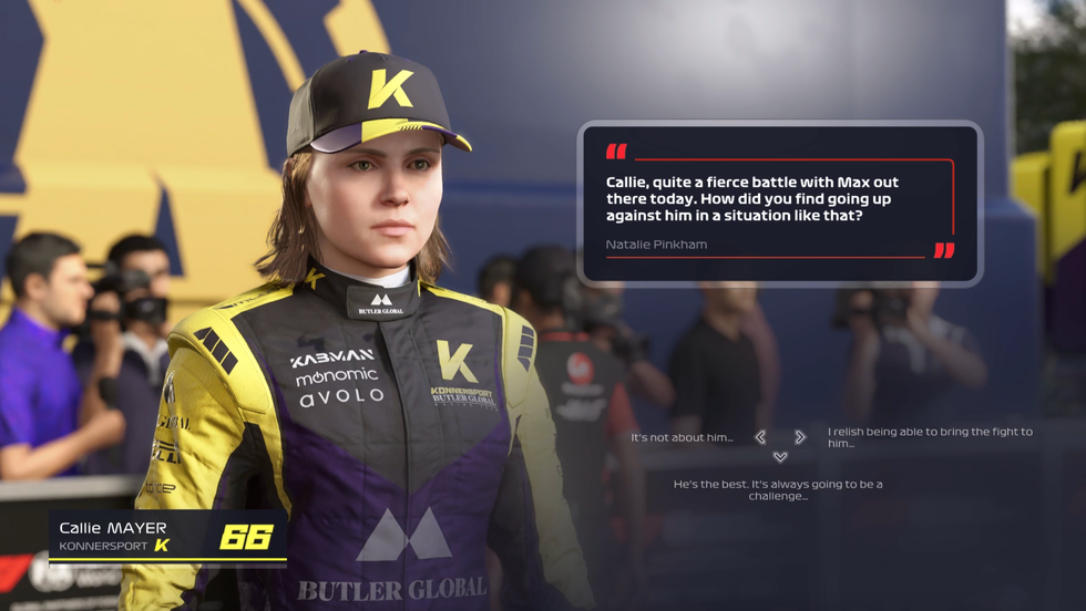 A screenshot of a broadcast style interview in EA Sports F1 25