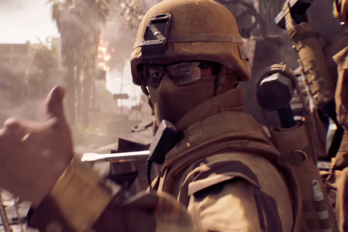 A screenshot of a soldier from the Battlefield 6 free trial trailer