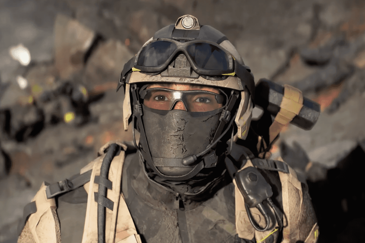 A screenshot of a soldier from the Battlefield 6 Season 2 gameplay trailer