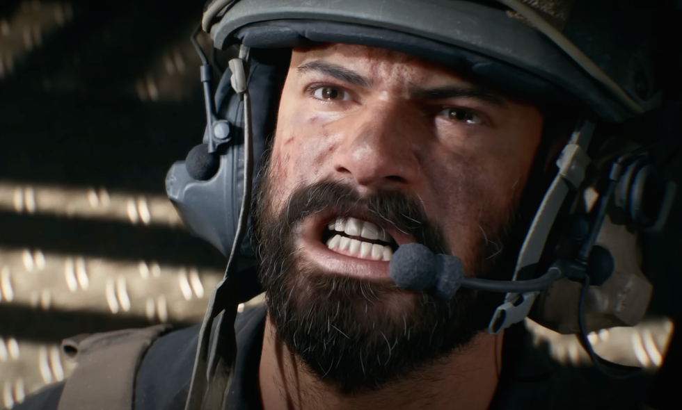 A screenshot of a solider's face from the Battlefield 6 reveal trailer
