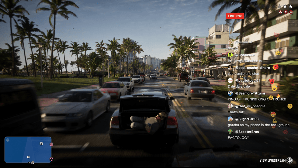 A screenshot of a streamer streaming a car chase in GTA 6: An Extended Look