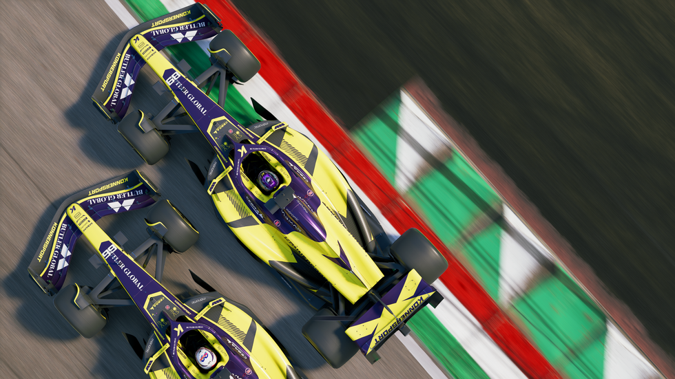 A screenshot of Aiden Jackson and Callie Mayer battling on track in EA Sports f1 25's Braking Point 3.