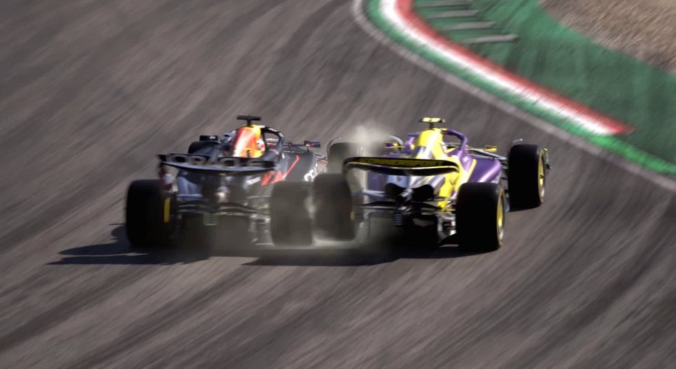 A screenshot of an incident on track with Max Verstappen in Chapter 1