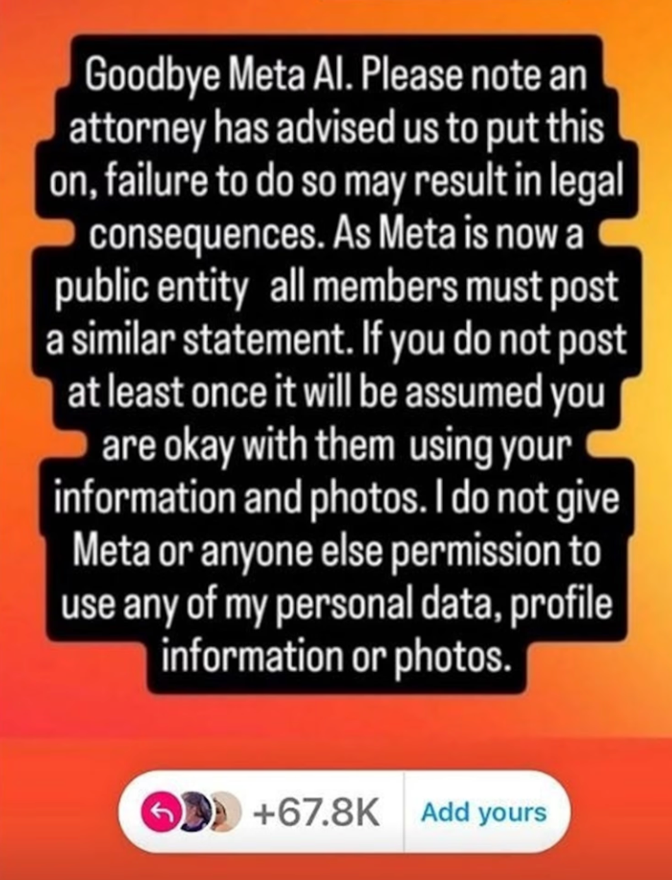 A screenshot of an Instagram story showing the 'Goodbye Meta AI' message