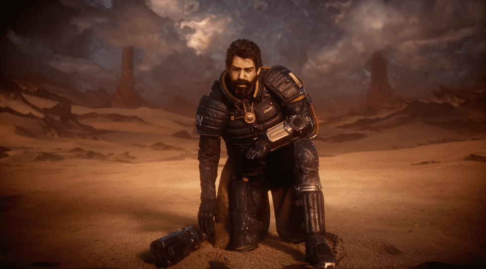 A screenshot of Arjun Devraj from the Saros reveal trailer