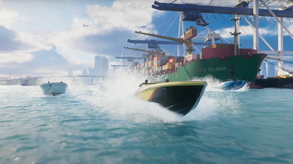 A screenshot of boats speeding through Miami from the GTA 6 trailer