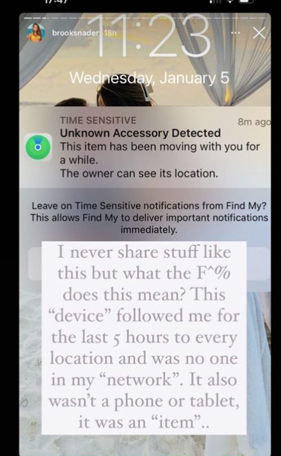 A screenshot of Brooks Nader\u2019s Instagram story where she shared a screenshot of the notification she received